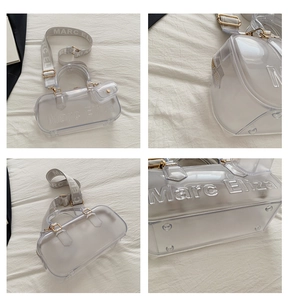 Detailed close-up of semi-transparent silver PVC pillow bag with broad fabric strap