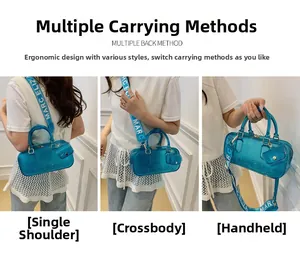 Bright blue transparent PVC Boston bag showing crossbody, shoulder, and handbag styles