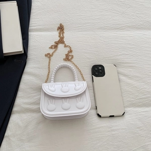 Cute white rabbit crossbody bag for girls with pearl handle and golden metal chain strap