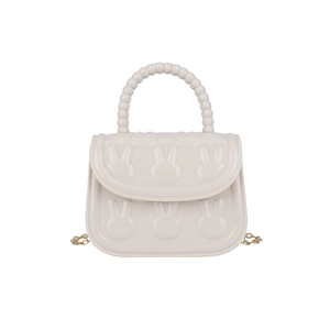 Cute cream rabbit embossed silicone crossbody bag for girls with beaded handle and gold chain