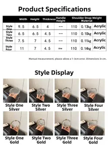 Size chart for mini metallic evening bags in acrylic material with dimensions and chain lengths