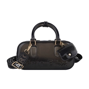 Translucent black PVC Boston jelly bag with Marc Eliza logo and wide nylon shoulder strap
