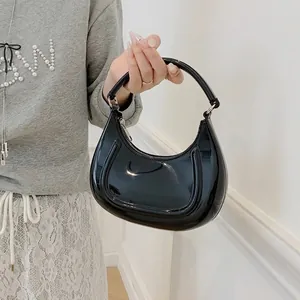 Elegant Women Patent Leather Crescent Bag Minimalist PVC Half Moon Shoulder Crossbody Bag High Gloss Stylish Handbag