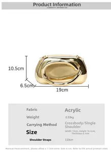 Detailed view of gold acrylic evening clutch with dimensions and 110cm metal chain strap