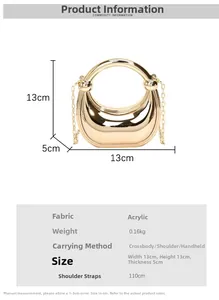 Detaillierte Maßtabelle für goldene Acryl-Kugeltasche mit eleganter Metallkette