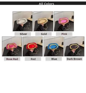 Grid display of metallic evening clutch bags available in seven glossy color variants