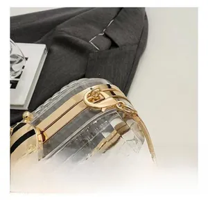 Close-up of premium gold metal frame and snake chain on clear acrylic evening bag