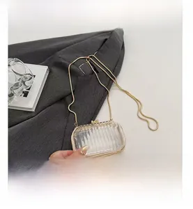 Detail view of transparent acrylic dinner clutch with gold chain on grey blazer fabric