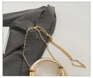 Detailaufnahme der goldenen Metallkette und des runden Griffs einer schicken Acryltasche