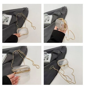 Detail views of transparent acrylic evening clutch with gold metal frame and chain strap