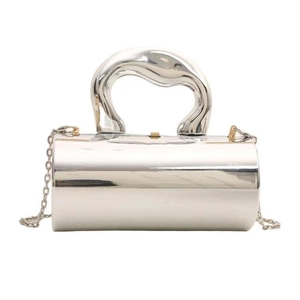 Modern silver metallic cylinder evening bag with liquid-style handle and chain strap