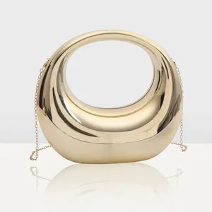 Sac de Soirée Miroir en Acrylique pour Femmes Poignée Ronde Ajourée Pochette Métallique Mariage Fête Sac à Main Or Argent Chaîne Bandoulière