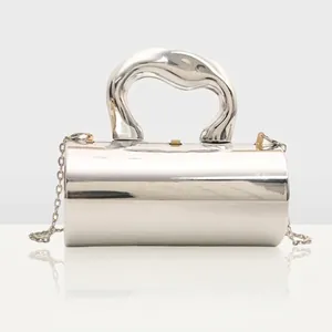 Modern Metallic Mirror Barrel Bag Acrylic Electroplated Handbag With Sculptural Handle And Chain Strap Mini Evening Purse For Women Party Fashion Accessory