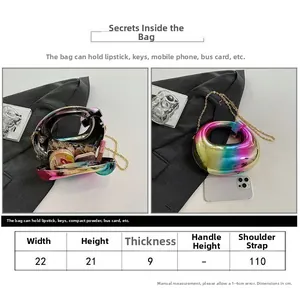 Size chart for an iridescent acrylic evening bag with 22cm width and 21cm height details