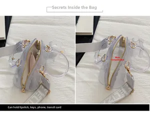 Detail view of transparent PVC mini bag capacity for phone, lipstick and wide strap