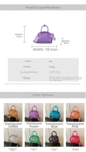 Detailed size specifications and material chart for transparent PVC jelly bag set