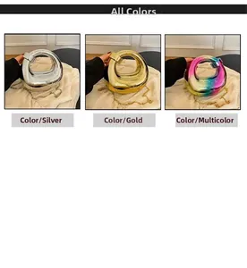 Three elegant acrylic evening bags in gold silver and iridescent colors with ring handles