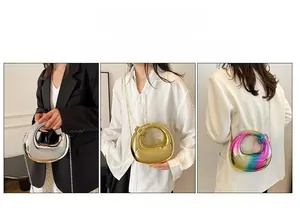 Detailed views of luxury acrylic evening bag showing handbag, shoulder, and crossbody styles