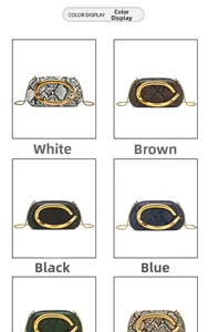 Close-up of various snake-pattern bucket bags with golden C-shaped metal buckles