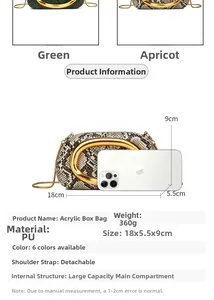 Size comparison and specifications of the snake pattern acrylic box bag with gold handle