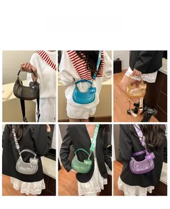 Collage of transparent jelly crescent bags in six colors with stylish patterned straps