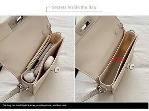 Detail view of beige crossbody bag with gold lock showing internal capacity for daily items