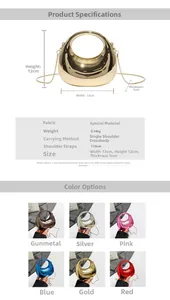 Detailed technical diagram of mini semi-circle metallic bag with dimensions and multi-color options