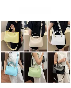 Collage of glossy PVC tote bags in six colors featuring wide branded letter straps