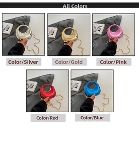 Detail of five mini metallic acrylic evening handbags in silver, gold, pink, red, and blue