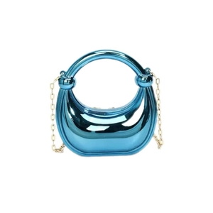 Detail of blue electroplated laser dumpling bag with circular handle and gold chain
