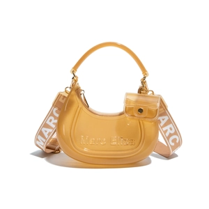 Chic semi-transparent jelly dumpling bag with Marc Eliza logo and wide fabric shoulder strap