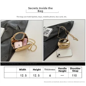 Detailed size specifications for a gold semi-circular acrylic handbag with chain strap