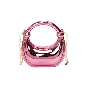 Detail view of pink mirror mini dumpling bag with gold chain strap and metal ring handle