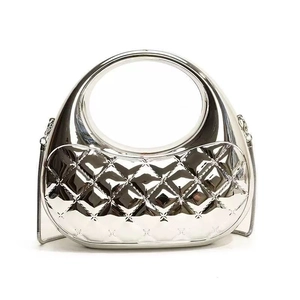 Detail of silver quilted handbag featuring a round handle and metal chain strap