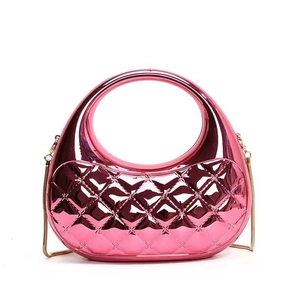Glossy rose pink metallic handbag with quilted diamond pattern and golden chain strap
