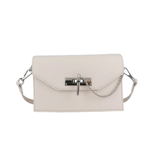Chic beige crossbody bag with cross-grain texture and silver metal chain lock