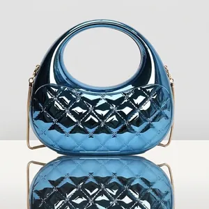 Metallic Acrylic Evening Bag For Women Quilted Lattice Mini Handbag Round Handle Chain Shoulder Bag Banquet Party Clutch