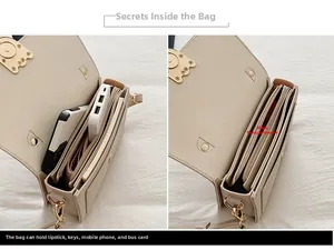 Macro view of beige crossbody bag showing organza compartments and main pocket capacity