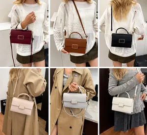 Collage of chic leather crossbody bags in six classic colors with gold metal buckles