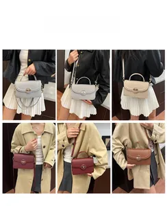 Collage of leather handbags with round metal twist locks and thin shoulder straps
