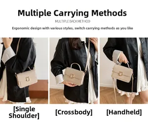 Three-way carry demonstration of beige handbag as shoulder, crossbody and handheld bag