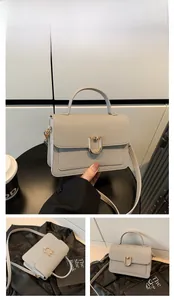 Close-up of light grey lychee pattern handbag with U-shaped gold buckle and strap