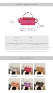 Detailed view of translucent PVC box bag dimensions and six color options with wide strap