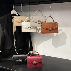 Vintage Lychee Pattern PU Leather Handbag For Women Minimalist Crossbody Bag With Round Golden Lock Fashion Square Bag