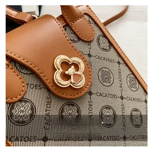 Detail of CACATOES brown monogram canvas bag with a golden floral bear head lock