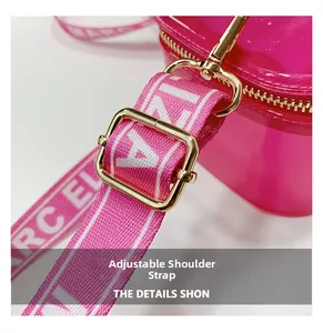 Close-up of adjustable pink woven strap with gold metal buckle on transparent box bag