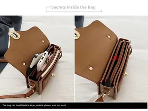 Détails du sac à main marron avec texture litchi montrant les compartiments intérieurs