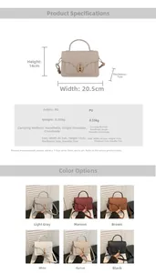 Fiche technique du sac bandoulière en similicuir avec dimensions et six coloris disponibles