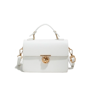 White pebbled leather handbag with gold circular lock and detachable shoulder strap
