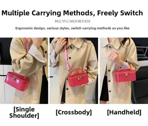 Detail of pink transparent PVC box bag showing handheld, shoulder and crossbody styles